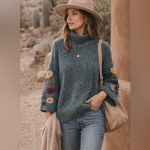 Anthropologie Embroidered Sleeve Knit Sweater | Small